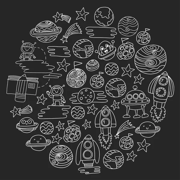 Vector pattern with space icons. Doodle kids drawing style illustration for kindergarten, school. Cosmos exploration, travel, adventure. Planets, earth, moon, saturn, jupiter, comet. — Stock Vector
