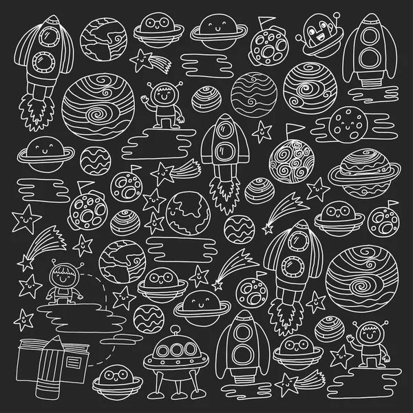 Patrón vectorial con iconos de espacio. Doodle niños dibujo estilo ilustración para el jardín de infantes, la escuela. Exploración del cosmos, viajes, aventura. Planetas, Tierra, Luna, Saturno, Júpiter, Cometa . — Vector de stock