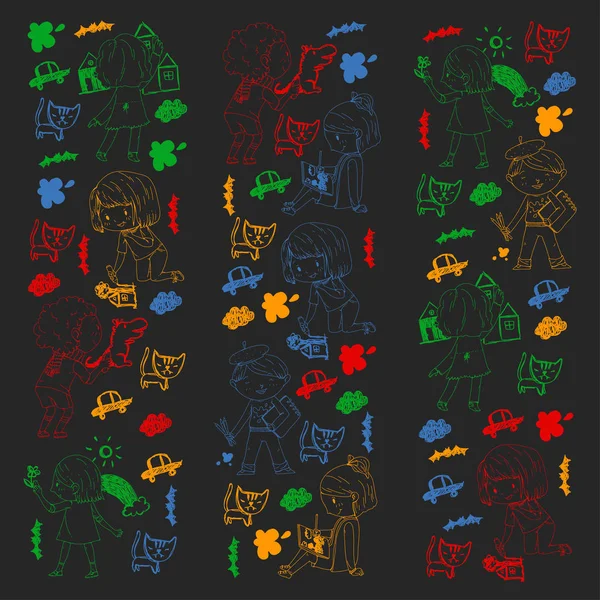 Děti Malování. Škola a školka děti kreativní třídy. Vzdělání, hrát a rozvíjet společně. Chlapci a dívky kresba, pera a tužky. Hřiště. — Stockový vektor