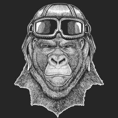 Goril maymun pilot şapkası. Çocuk giysileri, tee, t-shirt için yazdırın. Pilot vahşi hayvan
