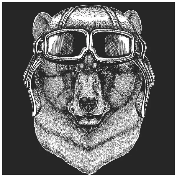 Zwarte beer dragen vlieger hoed. Voor kinderkleding, tee, t-shirt afdrukken. Pilot wild dier — Stockvector