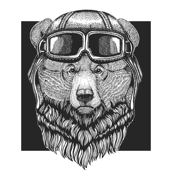 Urso Grizzly usando chapéu de aviador. Impressão para roupas infantis, T-shirt, T-shirt. Piloto animal selvagem — Vetor de Stock