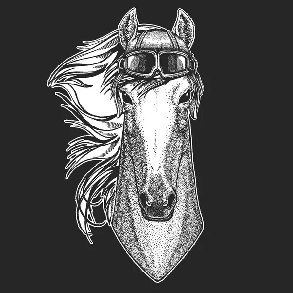 Caballo, caballo con sombrero de aviador. Impresión para niños ropa, camiseta, camiseta. Piloto animal salvaje — Vector de stock