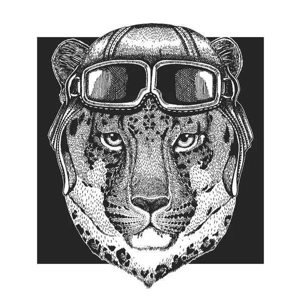 Jaguar, léopard, panthère portant un chapeau d'aviateur. Impression pour vêtements pour enfants, tee-shirt, t-shirt. Animal sauvage pilote — Image vectorielle