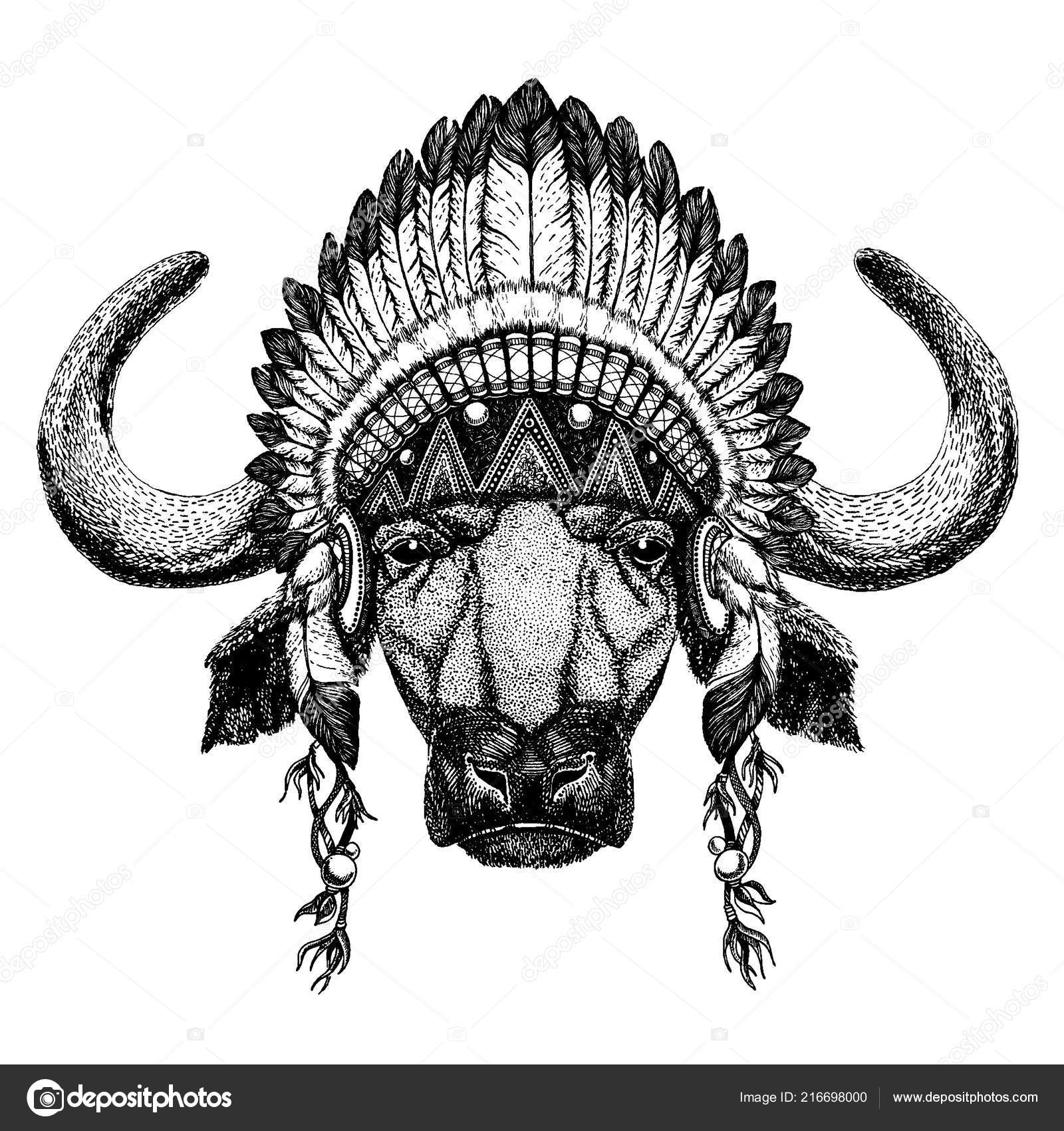 ox, Wild animal wearing inidan headdress with feathers. Boho chic style illustration for emblem, badge, logo, patch. Children clothing Stock Image by ©Helen_F #216698000