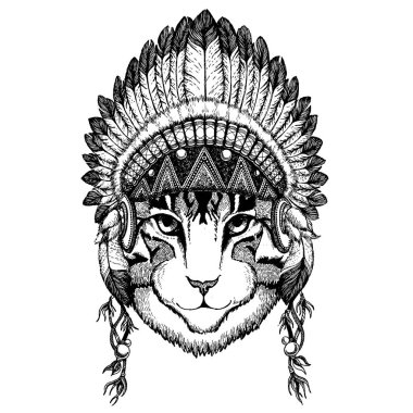 Kedi vahşi hayvan giyen inidan headdress tüyleri ile. Boho chic tarzı Gösterim amacıyla dövme, amblem, rozet, logo, yama. Çocuk giyim