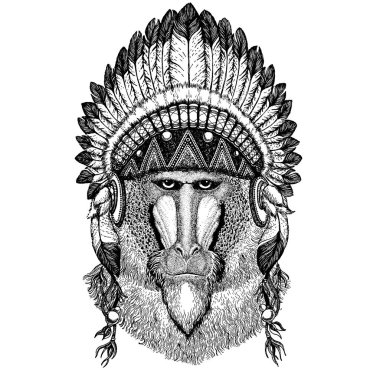Para, maymun. Vahşi hayvan giyen inidan headdress tüyleri ile. Boho chic tarzı Gösterim amacıyla dövme, amblem, rozet, logo, yama. Çocuk giyim