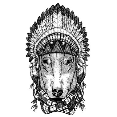 Köpek, vahşi köpek. Vahşi hayvan giyen inidan headdress tüyleri ile. Boho chic tarzı Gösterim amacıyla dövme, amblem, rozet, logo, yama. Çocuk giyim