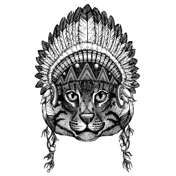 Gato de pesca. Animal selvagem usando cobertura para a cabeça de inidan com penas. Ilustração de estilo chique Boho para tatuagem, emblema, crachá, logotipo, remendo. Roupas infantis —  Vetores de Stock