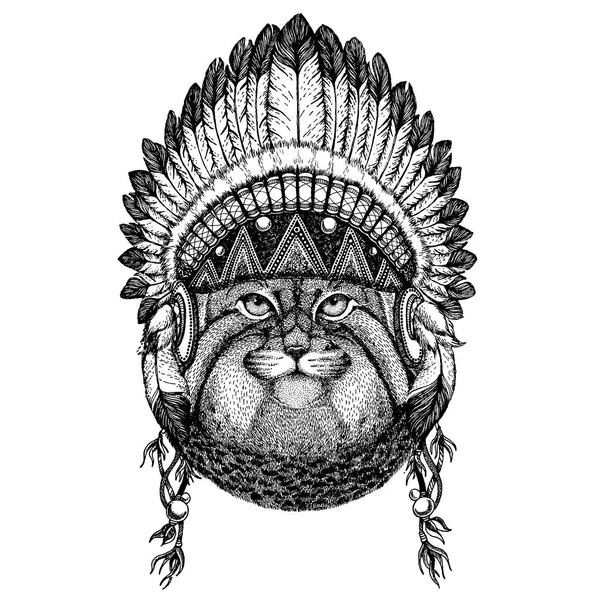 Manul, gato. Animal selvagem usando cobertura para a cabeça de inidan com penas. Ilustração de estilo chique Boho para tatuagem, emblema, crachá, logotipo, remendo. Roupas infantis —  Vetores de Stock