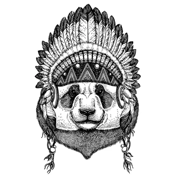 Panda, bambus. Dzikich zwierząt noszenia inidan nakrycia głowy z piór. Boho elegancki styl ilustracji dla tatuaż, godło, odznaka, logo, patch. Odzież dziecięca — Wektor stockowy