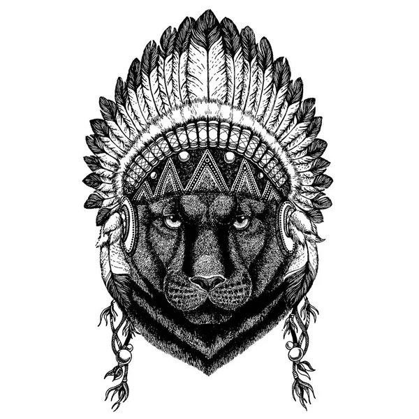 Black panther. Wild animal wearing inidan headdress with feathers. Boho chic style illustration for tattoo, emblem, badge, logo, patch. Children clothing — Stock Vector