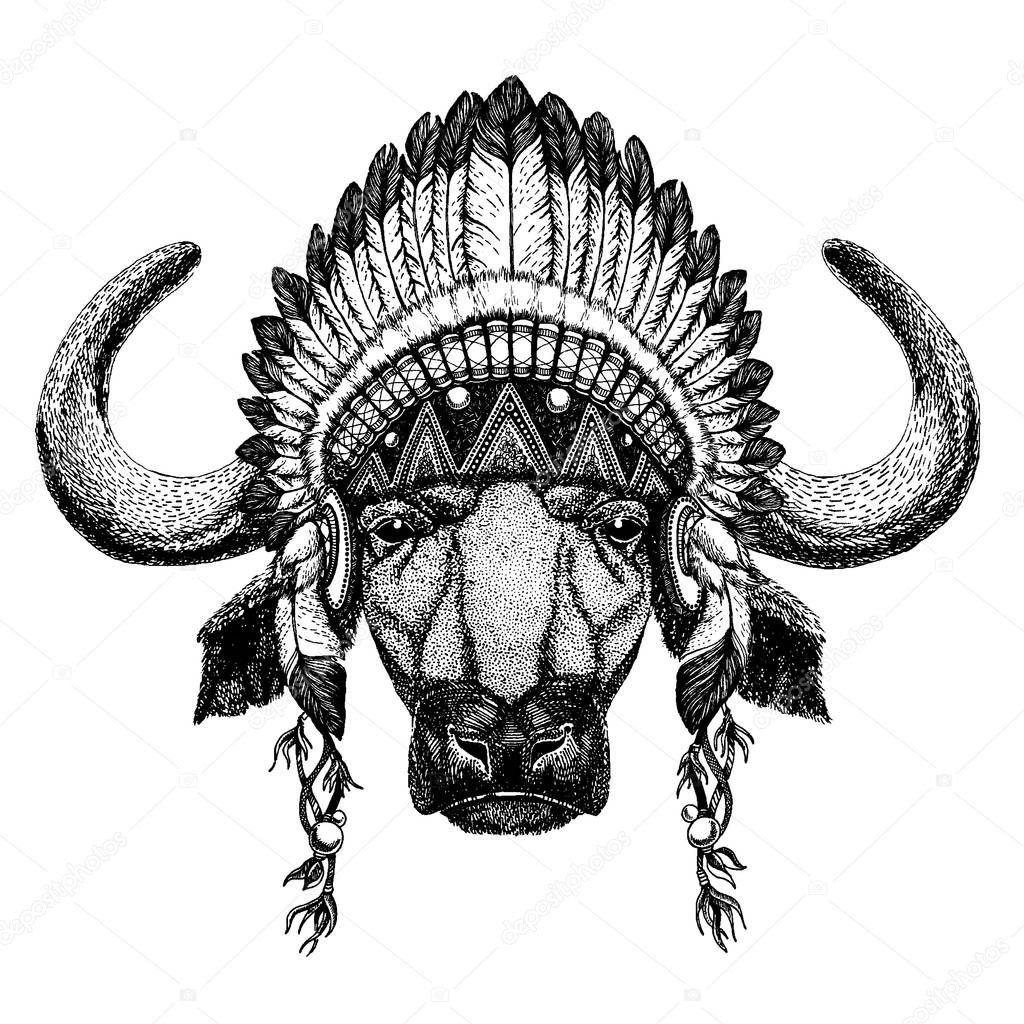 Bison, ox, buffalo. Wild animal wearing inidan headdress with feathers. Boho chic style illustration for tattoo, emblem, badge, logo, patch. Children clothing