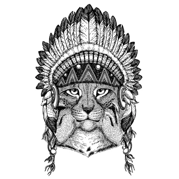 Kot, bobcat, kłus, ryś. Dzikich zwierząt noszenia inidan nakrycia głowy z piór. Boho elegancki styl ilustracji dla tatuaż, godło, odznaka, logo, patch. Odzież dziecięca — Wektor stockowy