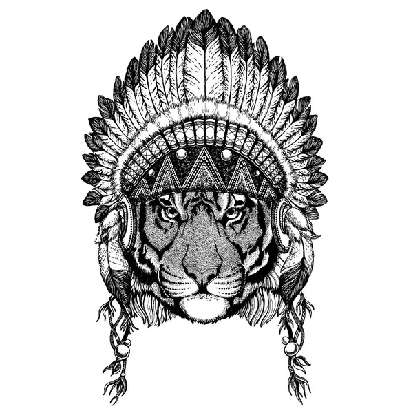 Wild tiger. Zoo. Animal wearing inidan headdress with feathers. Boho chic style illustration for tattoo, emblem, badge, logo, patch. Children clothing — Stock Vector