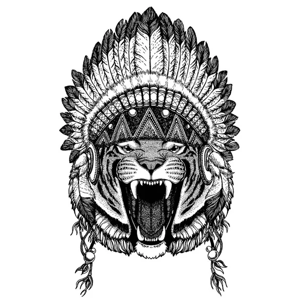 Wild tiger. Zoo. Animal wearing inidan headdress with feathers. Boho chic style illustration for tattoo, emblem, badge, logo, patch. Children clothing — Stock Vector