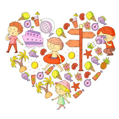 Mutlu çocuklar oynarken deniz kıyısı, plaj, deniz, okyanus. Çocuklar tatil ve seyahat. Yüzme, doodle simgeler küre, cruise gemisi, kokteyller.