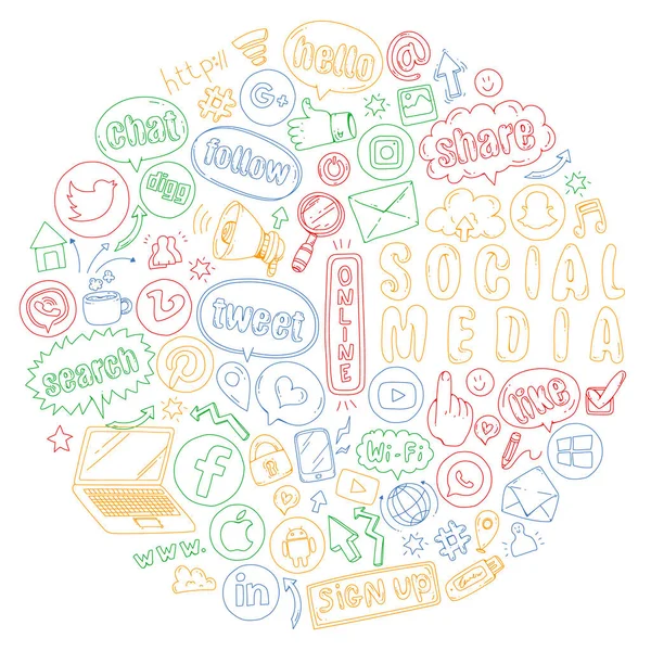 Social media e icone del lavoro di squadra. Immagini Doodle. Gestione, business, infografica . — Vettoriale Stock