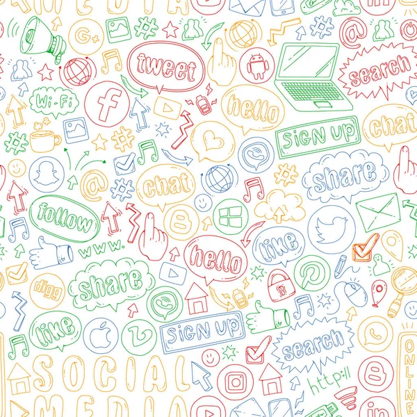 Iconos de redes sociales y trabajo en equipo. Doodle imágenes. Gestión, negocios, infografía . — Vector de stock
