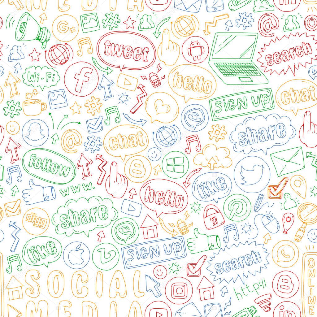 Social media and teamwork icons. Doodle images. Management, business, infographic.