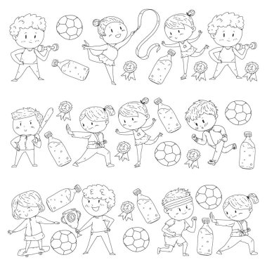 Çocuk yarışmaları spor. Genç atheles oynarken futbol, futbol, beyzbol, basketbol. Çalışan kız ve erkek. Rhythic jimnastik, artistik patinaj görüntüleri.