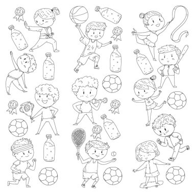 Çocuk yarışmaları spor. Genç atheles oynarken futbol, futbol, beyzbol, basketbol. Çalışan kız ve erkek. Rhythic jimnastik, artistik patinaj görüntüleri.