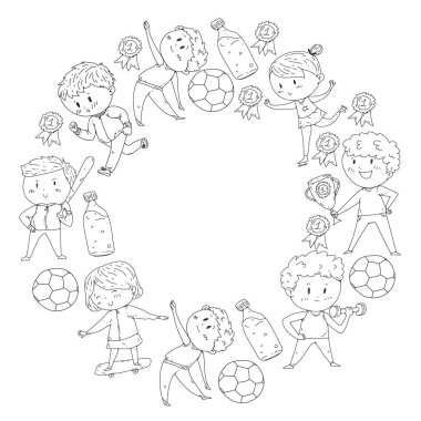 Çocuk yarışmaları spor. Genç atheles oynarken futbol, futbol, beyzbol, basketbol. Çalışan kız ve erkek. Rhythic jimnastik, artistik patinaj görüntüleri.