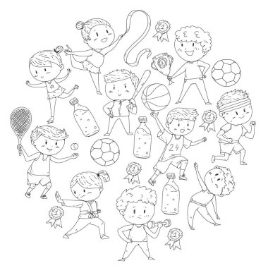 Çocuk yarışmaları spor. Genç atheles oynarken futbol, futbol, beyzbol, basketbol. Çalışan kız ve erkek. Rhythic jimnastik, artistik patinaj görüntüleri.