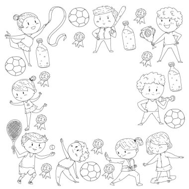 Çocuk yarışmaları spor. Genç atheles oynarken futbol, futbol, beyzbol, basketbol. Çalışan kız ve erkek. Rhythic jimnastik, artistik patinaj görüntüleri.