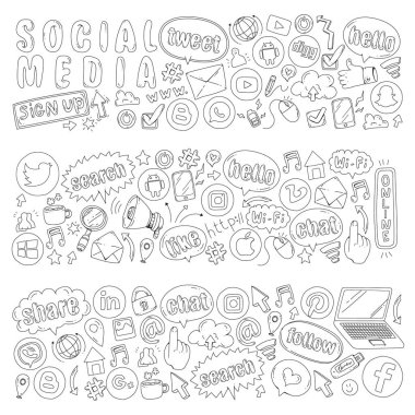 Sosyal medya ve ekip çalışması simgeler. Doodle görüntüler. Yönetimi, iş, Infographic.