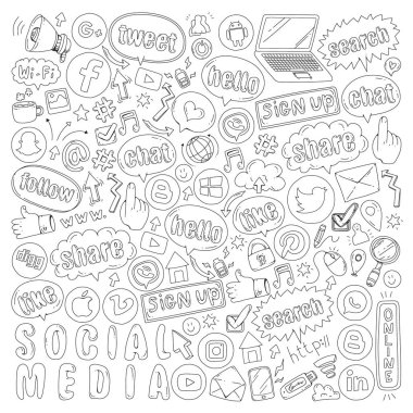 Sosyal medya ve ekip çalışması simgeler. Doodle görüntüler. Yönetimi, iş, Infographic.