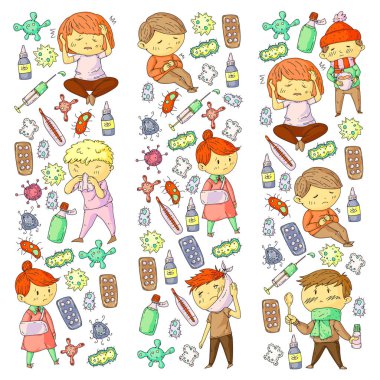 Çocuk Tıp Merkezi. Sağlık illüstrasyon. Küçük çocuklar, enfeksiyon, ateş, soğuk, virüs, hastalık ile doodle simgeler.
