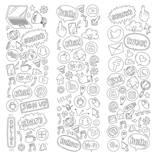 Social media and teamwork icons. Doodle images. Management, business, infographic. — Stock Vector