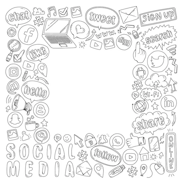 Sociala medier och lagarbete ikoner. Doodle bilder. Management, business, nyhetsgrafik. — Stock vektor