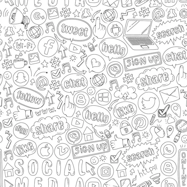 Iconos de redes sociales y trabajo en equipo. Doodle imágenes. Gestión, negocios, infografía . — Vector de stock