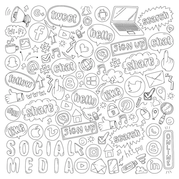 Social media e icone del lavoro di squadra. Immagini Doodle. Gestione, business, infografica . — Vettoriale Stock