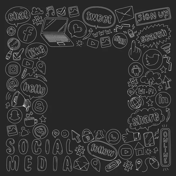 Sociala medier och lagarbete ikoner. Mönster på svart bakgrund. Krita illustration på blackboard. Management, business. — Stock vektor