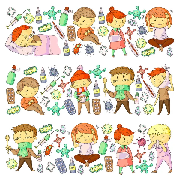 Children medical center. Healthcare illustration. Doodle icons with small kids, infection, fever, cold, virus, illness. — Stock Vector