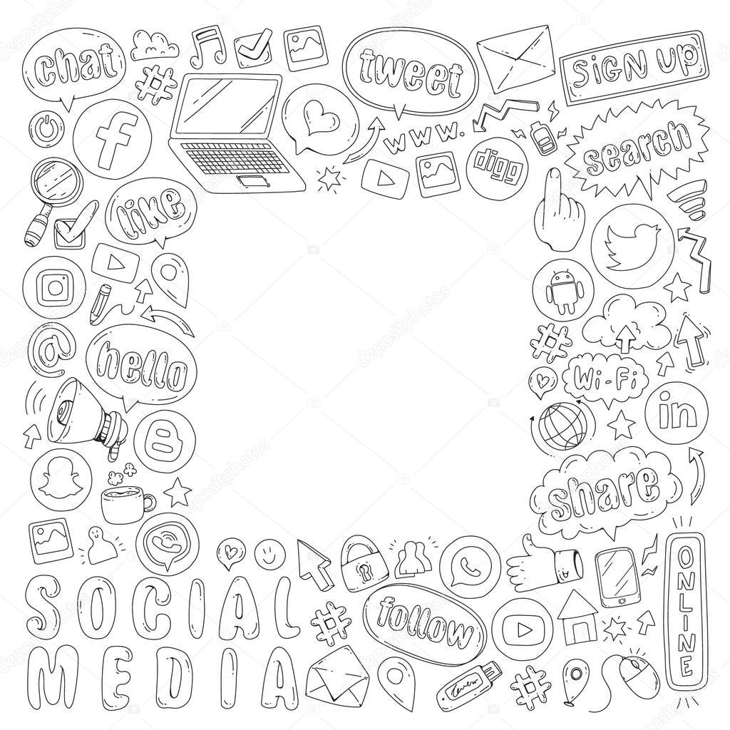 Social media and teamwork icons. Doodle images. Management, business, infographic.