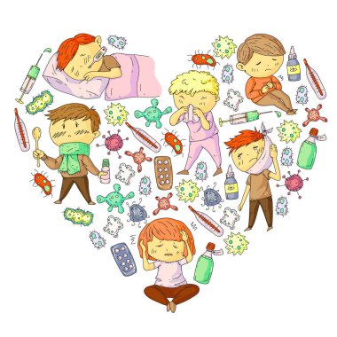 Çocuk Tıp Merkezi. Sağlık illüstrasyon. Küçük çocuklar, enfeksiyon, ateş, soğuk, virüs, hastalık ile doodle simgeler.