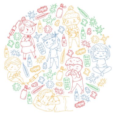 Çocuk Tıp Merkezi. Sağlık illüstrasyon. Küçük çocuklar, enfeksiyon, ateş, soğuk, virüs, hastalık ile doodle simgeler.