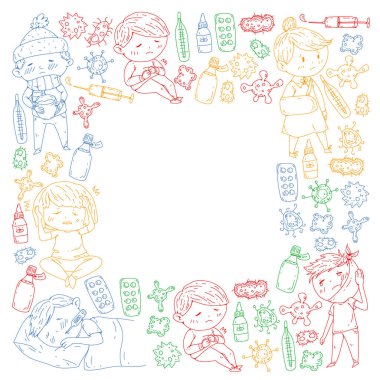 Çocuk Tıp Merkezi. Sağlık illüstrasyon. Küçük çocuklar, enfeksiyon, ateş, soğuk, virüs, hastalık ile doodle simgeler.