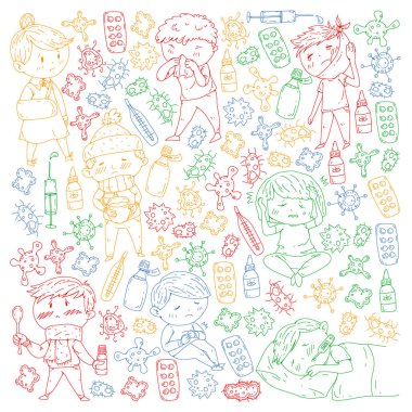 Çocuk Tıp Merkezi. Sağlık illüstrasyon. Küçük çocuklar, enfeksiyon, ateş, soğuk, virüs, hastalık ile doodle simgeler.