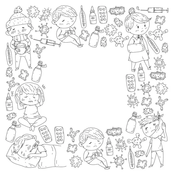 Centro médico para niños. Ilustración sanitaria. Doodle iconos con niños pequeños, infección, fiebre, resfriado, virus, enfermedad . — Vector de stock