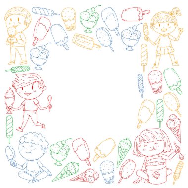 Küçük çocuklar dondurma yemek. Tatlı çilek şeker çocuklar için. Lezzetli vanilya, portakal, kivi tatlı.