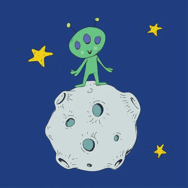 Espace dessin animé pour les enfants. Lune, étoiles, planète, astéroïde, astrounaute extraterrestre, ufo. Aventure, voyage, exploration autour de l'univers . — Image vectorielle