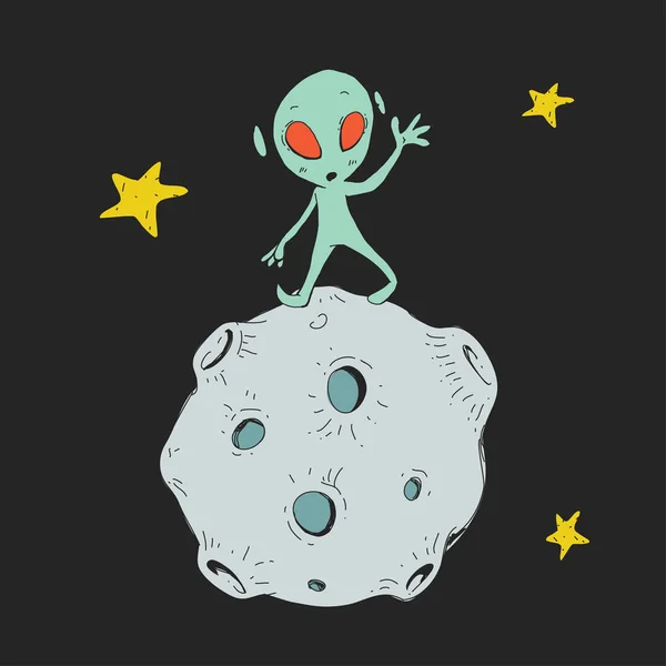 子供のための漫画スペース。月、星、惑星、小惑星、astrounaut、ロケット、宇宙船、エイリアン、ufo。アドベンチャー、旅行、宇宙を探査. — ストックベクタ