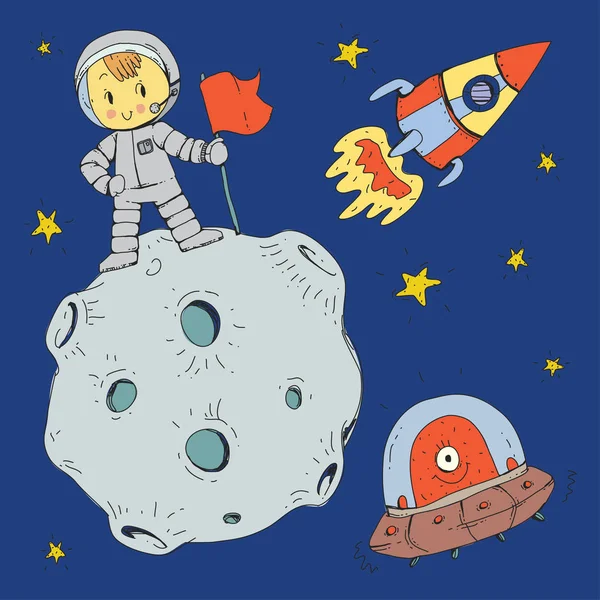 Espace dessin animé pour les enfants. Lune, étoiles, planète, astéroïde, astrounaute, fusée, vaisseau spatial, alien, ufo. Aventure, voyage, exploration autour de l'univers . — Image vectorielle