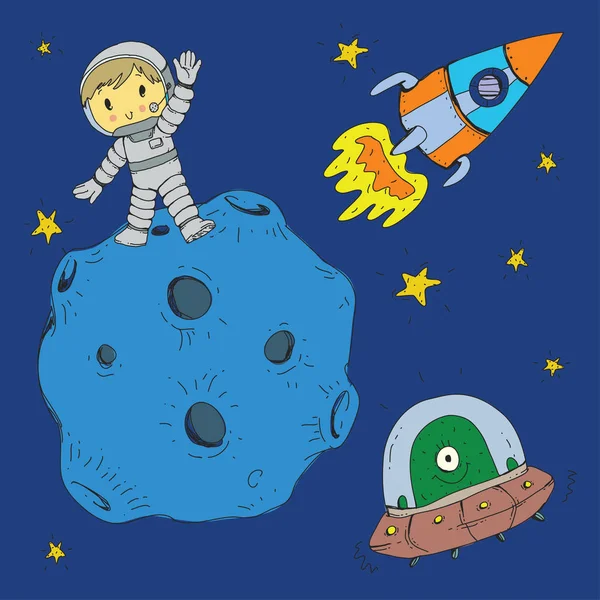 Cartoon-Raum für Kinder. Mond, Sterne, Planet, Asteroid, Astrounaut, Rakete, Raumschiff, Alien, Ufo. Abenteuer, Reisen, Erforschung des Universums. — Stockvektor