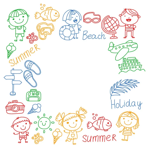 Patrón vectorial con iconos para niños. Vacaciones de verano en la orilla del mar, mar, océano, playa. Niños pequeños divirtiéndose . — Archivo Imágenes Vectoriales